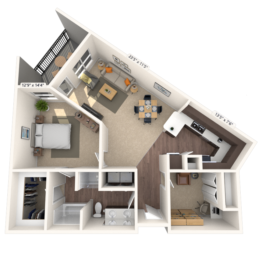 Floor plan for 1 bed, 1 bath, 1011 sqft